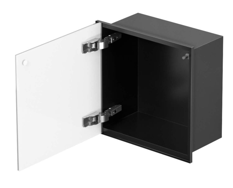 Szafka łazienkowa pod zabudowę 32,5x32,5x15,1 cm stal nierdzewna, malowana na kolor czarny, drzwi szklane, kołnierz typu Bend MCJ B.PWD LBL 300/15