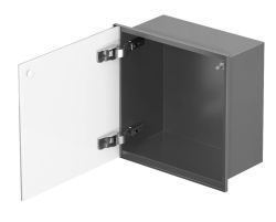 Szafka łazienkowa pod zabudowę 32,5x32,5x15,1 cm stal nierdzewna, malowana na kolor szary, drzwi szklane, kołnierz typu Bend MCJ B.PWD LGR 300/15