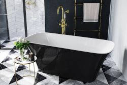 Wanna wolnostojąca 160x70 cm klik-klak czyszczony od góry chrom Besco Assos S-Line #WMD-160-ABC czarno-biały