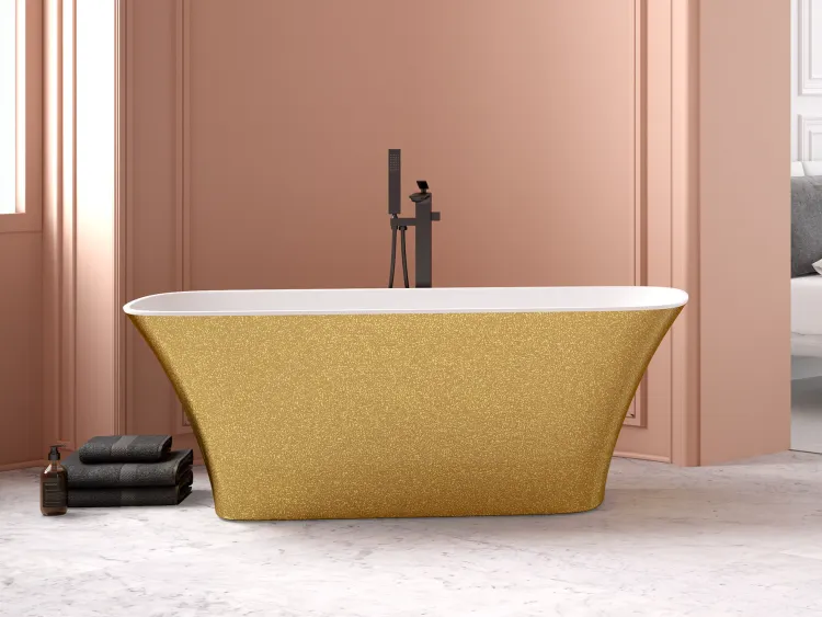 Złota wanna wolnostojąca 160x70 cm klik-klak chrom Besco Assos S-Line Glam #WMD-160-ALZ połyskujący złoty