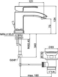 Bateria umywalkowa Paffoni Level LES075CR chrom rysunek techniczny