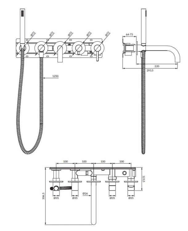 Bateria wannowa 5-otworowa Omnires Y1237/1NI nikiel