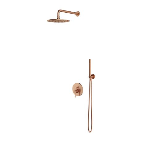 Przejdź do produktu Zestaw prysznicowy podtynkowy z okrągłą deszczownicą 25 cm, słuchawką prysznicową z wężem i baterią prysznicową miedź szczotkowana Omnires SYSY35CPB