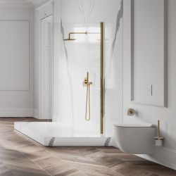 Zestaw prysznicowy podtynkowy z okrągłą deszczownicą 25 cm, słuchawką prysznicową z wężem i baterią prysznicową złoty Omnires SYSY19GL