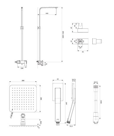 Przejdź do produktu Czarna kolumna prysznicowa z kwadratową deszczownicą 20x20 cm i słuchawką prysznicową Omnires Baretti BA7844BL