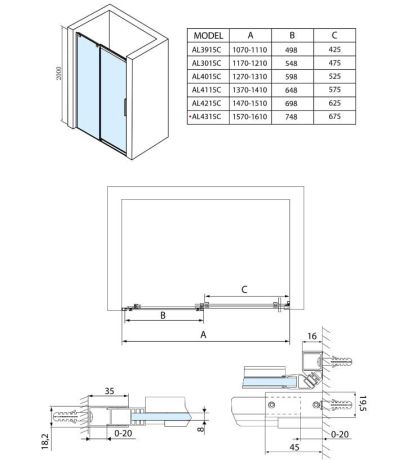 Przejdź do produktu ALTIS drzwi prysznicowe przesuwne 1570-1610mm, wysokość 2000mm, szkło czyste