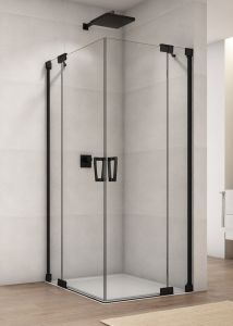 Czarna kabina prysznicowa 75x200x75 cm z drzwiami wahadłowymi z elementem stałym i wejściem narożnym Sanswiss Cadura Black Line CA13G0750607+CA13D0750607 czarny mat