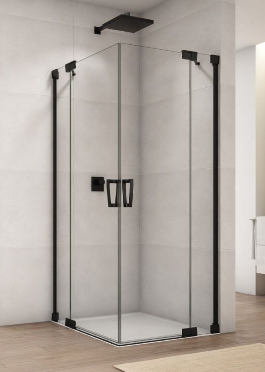 Czarna kabina prysznicowa 75x200x75 cm z drzwiami wahadłowymi z elementem stałym i wejściem narożnym Sanswiss Cadura Black Line CA13G0750607+CA13D0750607 czarny mat