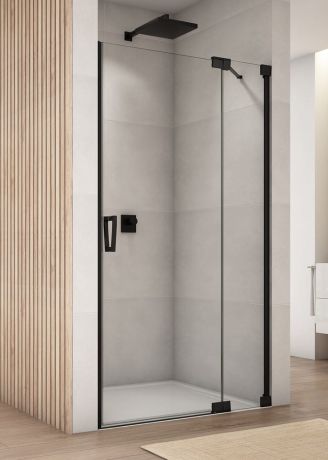 Przejdź do produktu Czarne drzwi prysznicowe 75x200 cm wahadłowe jednoczęściowe z elementem stałym Sanswiss Cadura Black Line CA13D0750607+V2.CA.06 czarny mat