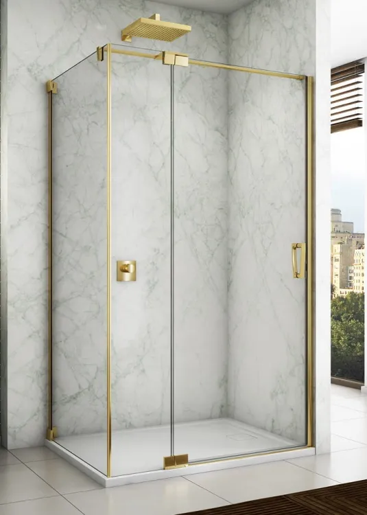 Złota kabina prysznicowa 75x80x200 cm z drzwiami wahadłowymi z elementem stałym Sanswiss Cadura Gold Line CA13G0751207+CAT30801207 złoty