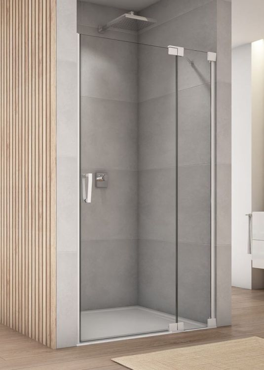 Białe drzwi prysznicowe 80x200 cm wahadłowe jednoczęściowe z elementem stałym Sanswiss Cadura White Line CA13D0800907+V2.CA.09 biały mat