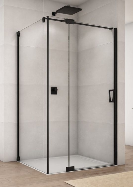 Czarna kabina prysznicowa 90x90x200 cm z drzwiami wahadłowymi z elementem stałym Sanswiss Cadura Black Line CA13G0900607+CAT30900607 czarny mat