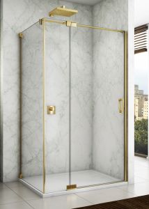 Złota kabina prysznicowa 90x90x200 cm z drzwiami wahadłowymi z elementem stałym Sanswiss Cadura Gold Line CA13G0901207+CAT30901207 złoty