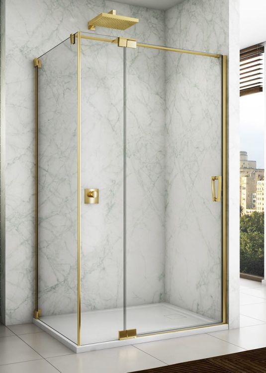 Złota kabina prysznicowa 90x90x200 cm z drzwiami wahadłowymi z elementem stałym Sanswiss Cadura Gold Line CA13G0901207+CAT30901207 złoty
