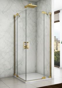 Złota kabina prysznicowa 90x90x200 cm z drzwiami wahadłowymi z elementem stałym i wejściem narożnym Sanswiss Cadura Gold Line CA13G0901207+CA13D0901207 złoty