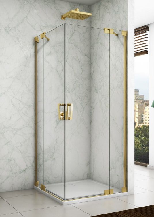 Złota kabina prysznicowa 90x90x200 cm z drzwiami wahadłowymi z elementem stałym i wejściem narożnym Sanswiss Cadura Gold Line CA13G0901207+CA13D0901207 złoty