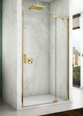 Przejdź do produktu Złote drzwi prysznicowe 90x200 cm wahadłowe jednoczęściowe z elementem stałym Sanswiss Cadura Gold Line CA13D0901207+V2.CA.12 złoty