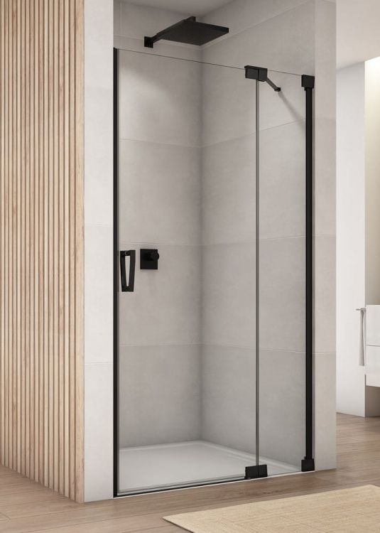 Czarne drzwi prysznicowe 100x200 cm wahadłowe jednoczęściowe z elementem stałym Sanswiss Cadura Black Line CA13D1000607+V2.CA.06 czarny mat