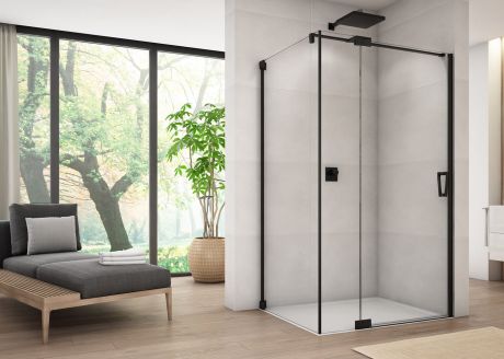 Przejdź do produktu Czarna kabina prysznicowa 110x120x200 cm z drzwiami wahadłowymi z elementem stałym Sanswiss Cadura Black Line CA13G1100607+CAT31200607 czarny mat