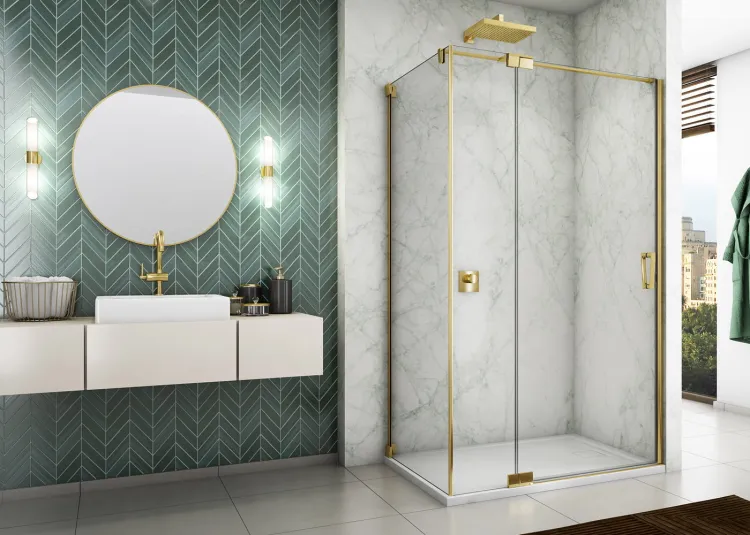 Złota kabina prysznicowa 110x80x200 cm z drzwiami wahadłowymi z elementem stałym Sanswiss Cadura Gold Line CA13G1101207+CAT30801207 złoty