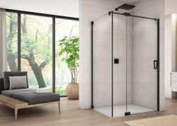 Czarna kabina prysznicowa 120x80x200 cm z drzwiami wahadłowymi z elementem stałym Sanswiss Cadura Black Line CA13G120607+CAT30800607 czarny mat