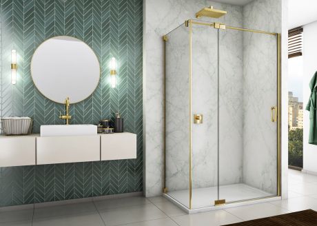 Przejdź do produktu Złota kabina prysznicowa 120x75x200 cm z drzwiami wahadłowymi z elementem stałym Sanswiss Cadura Gold Line CA13G1201207+CAT30751207 złoty