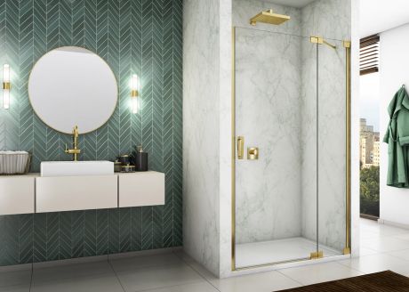 Przejdź do produktu Złote drzwi prysznicowe 120x200 cm wahadłowe jednoczęściowe z elementem stałym Sanswiss Cadura Gold Line CA13D1201207+V2.CA.12 złoty