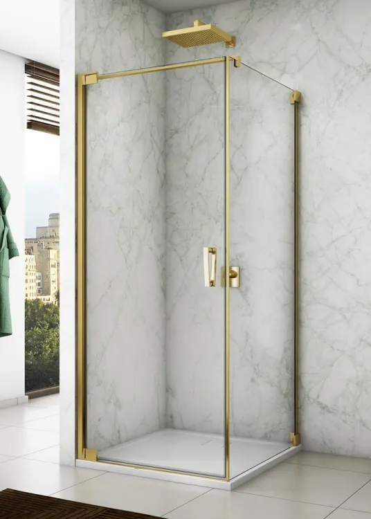Złota kabina prysznicowa kwadratowa 75x75x200 cm z drzwiami wahadłowymi Sanswiss Cadura Gold Line CA1CG0751207+CAT10751207 złoty