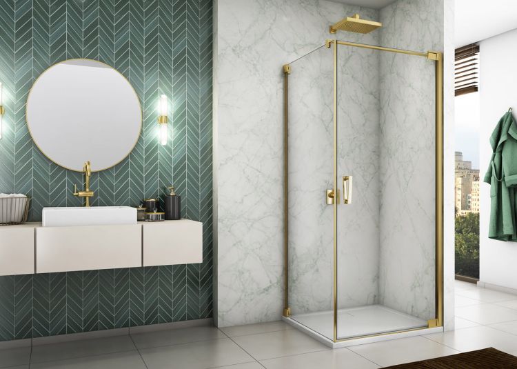 Złota kabina prysznicowa prostokątna 80x75x200 cm z drzwiami wahadłowymi Sanswiss Cadura Gold Line CA1CD0801207+CAT10751207 złoty