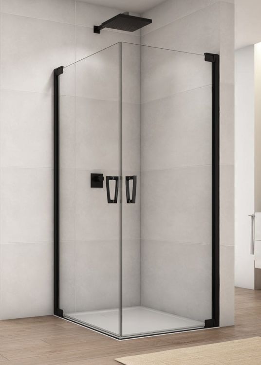 Czarna kabina prysznicowa 90x90x200 cm z drzwiami wahadłowymi i wejściem narożnym Sanswiss Cadura Black Line CA1CG+CA1CD czarny mat