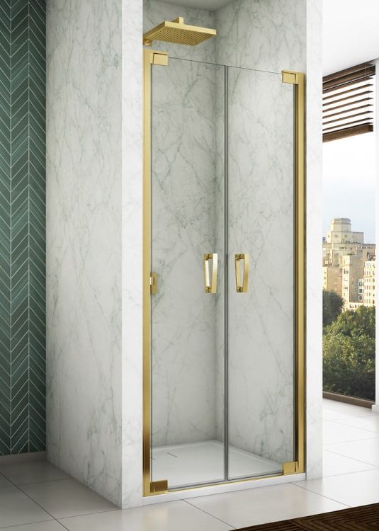 Złote drzwi prysznicowe 70x200 cm wahadłowe dwuczęściowe Sanswiss Cadura Gold Line CA2C0701207 złoty