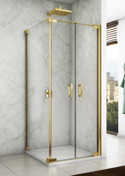 Złota kabina prysznicowa kwadratowa 70x70x200 cm z drzwiami 2-częściowymi wahadłowymi Sanswiss Cadura Gold Line CA2C0701207+CAT20701207 złoty