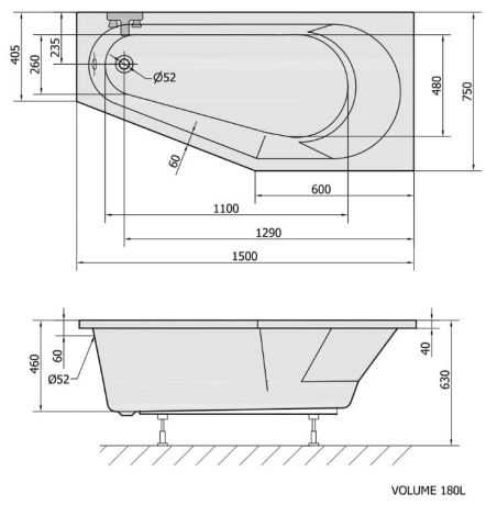 Przejdź do produktu TIGRA wanna asymetryczna 150x75x46cm, prawa, biały