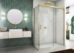 Złota kabina prysznicowa 100x110x200 cm z drzwiami rozsuwanymi z elementem stałym Sanswiss Cadura Gold Line CAS2G1001207+CAST1101207 złoty