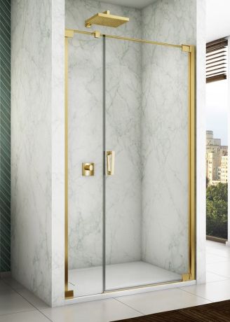 Przejdź do produktu Złote drzwi prysznicowe 100x200 cm wahadłowe z elementem stałym Sanswiss Cadura Gold Line CA31CD1001207 złoty