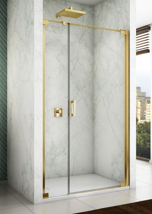 Złote drzwi prysznicowe 100x200 cm wahadłowe z elementem stałym Sanswiss Cadura Gold Line CA31CD1001207 złoty