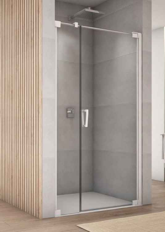 Białe drzwi prysznicowe wahadłowe 140x200 cm z elementem stałym Sanswiss Cadura White Line CA31CD biały