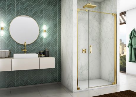 Przejdź do produktu Złote drzwi prysznicowe 140x200 cm wahadłowe z elementem stałym Sanswiss Cadura Gold Line CA31CD1401207 złoty