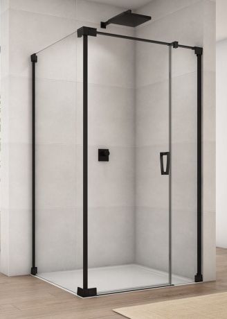 Przejdź do produktu Czarna kabina prysznicowa 80x75x200 cm z drzwiami wahadłowymi z elementem stałym Sanswiss Cadura Black Line CA31CG0800607+CAT20750607 czarny mat