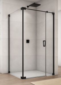 Czarna kabina prysznicowa kwadratowa 80x80x200 cm z drzwiami wahadłowymi z elementem stałym Sanswiss Cadura Black Line CA31CG+CAT2 czarny mat