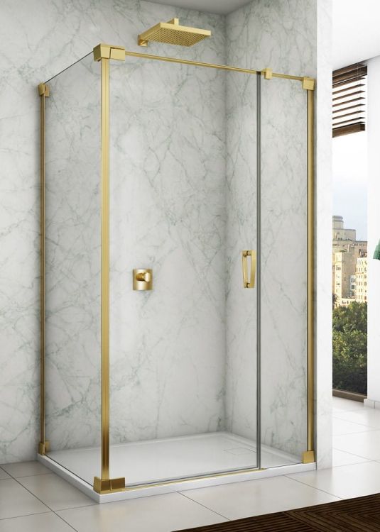 Złota kabina prysznicowa kwadratowa 80x80x200 cm z drzwiami wahadłowymi z elementem stałym Sanswiss Cadura Gold Line CA31CG+CAT2 złoty