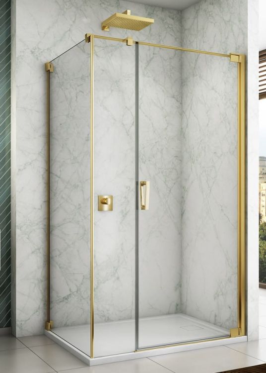 Złota kabina prysznicowa 80x120x200 cm z drzwiami wahadłowymi z elementem stałym Sanswiss Cadura Gold Line CA31CG0801207+CAT51201207 złoty