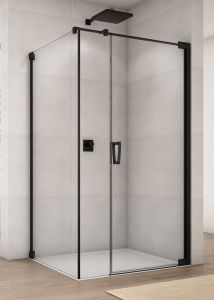Czarna kabina prysznicowa kwadratowa 100x100x200 cm z drzwiami wahadłowymi z elementem stałym Sanswiss Cadura Black Line CA31CG+CAT5 czarny mat