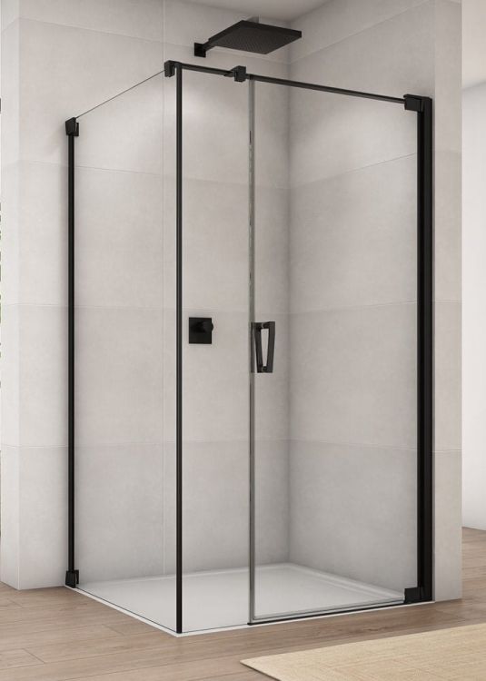 Czarna kabina prysznicowa kwadratowa 100x100x200 cm z drzwiami wahadłowymi z elementem stałym Sanswiss Cadura Black Line CA31CG+CAT5 czarny mat