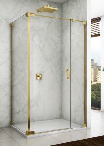 Złota kabina prysznicowa 110x80x200 cm z drzwiami wahadłowymi z elementem stałym Sanswiss Cadura Gold Line CA31CG1101207+CAT20801207 złoty