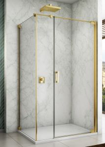 Złota kabina prysznicowa 110x80x200 cm z drzwiami wahadłowymi z elementem stałym Sanswiss Cadura Gold Line CA31CG1101207+CAT50801207 złoty