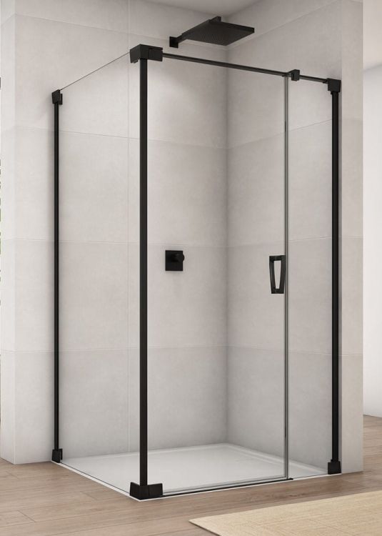Czarna kabina prysznicowa 110x110x200 cm z drzwiami wahadłowymi z elementem stałym Sanswiss Cadura Black Line CA31CG+CAT2 czarny mat