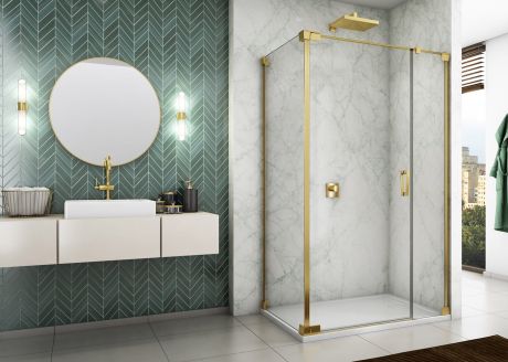 Przejdź do produktu Złota kabina prysznicowa 140x75x200 cm z drzwiami wahadłowymi z elementem stałym Sanswiss Cadura Gold Line CA31CG1401207+CAT20751207 złoty