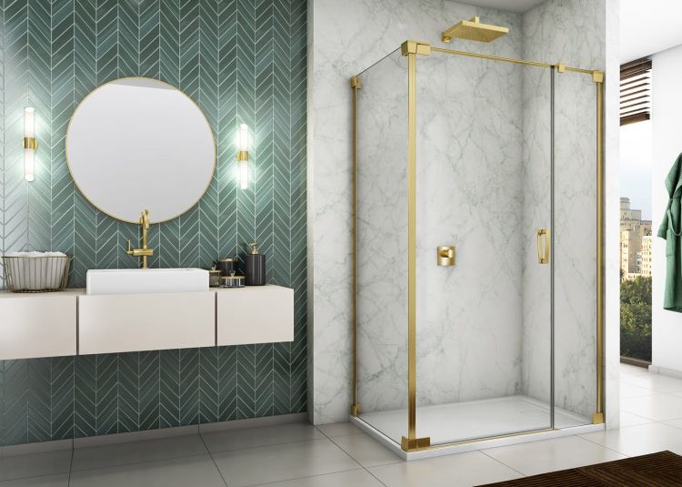 Złota kabina prysznicowa 140x75x200 cm z drzwiami wahadłowymi z elementem stałym Sanswiss Cadura Gold Line CA31CG1401207+CAT20751207 złoty
