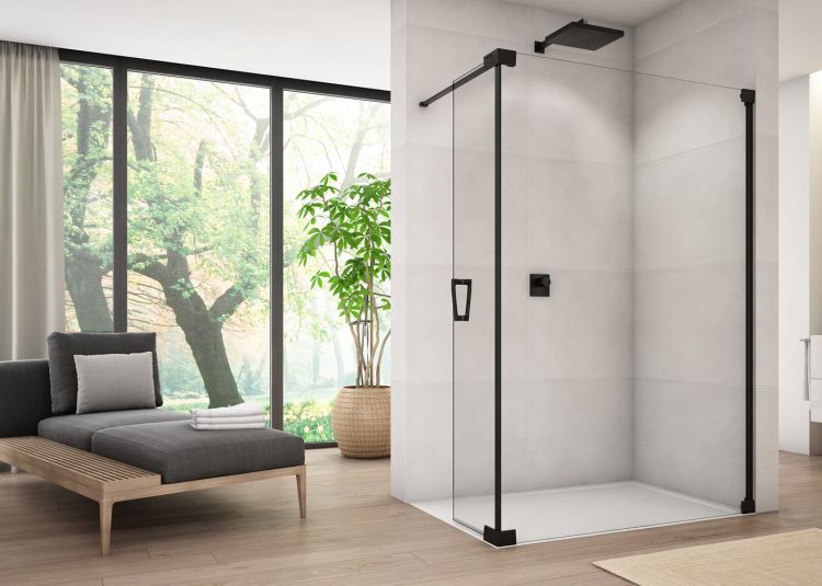 Czarna kabina prysznicowa walk-in 100x44x200 cm z elementem ruchomym Sanswiss Cadura Black Line CADUOG1000607 czarny mat